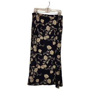 Vintage Intriguing Threads 90s Navy Blue Floral Black Slit Maxi Skirt Size 18